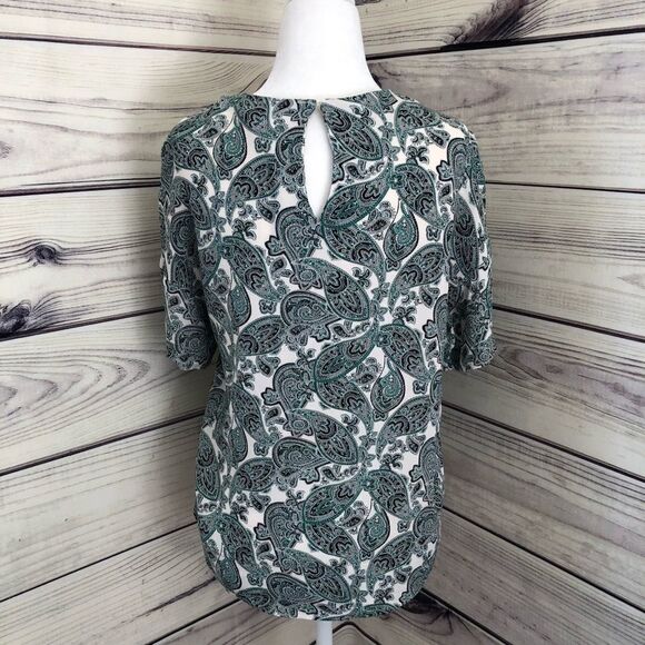 H&M White and Green Paisley Patterned Short Sleeve Shirt Size 2 - Picture 4 of 7